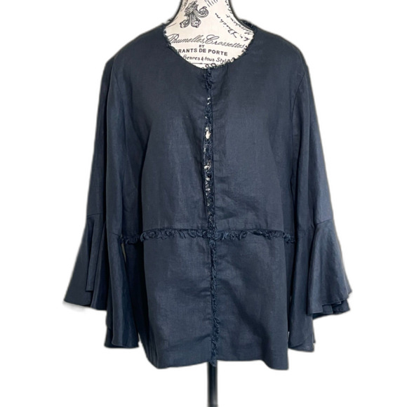 Chico's Bell-Sleeve Linen Open Front Boho Jacket Whimsy Black Size 3 16/18 - Picture 1 of 11